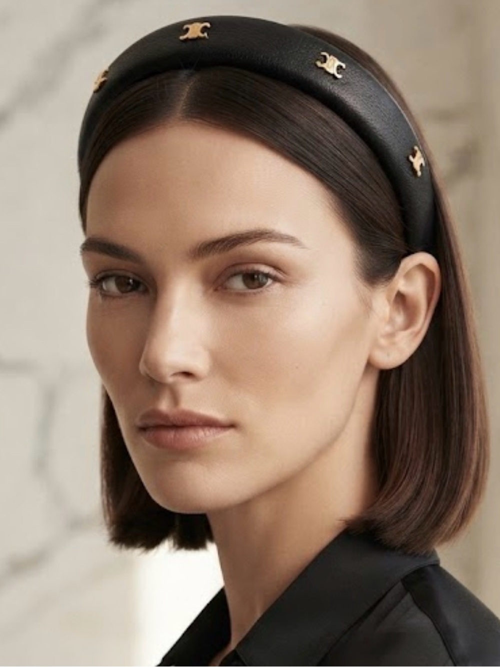 CELINE Leather Headband Triomphe Studs